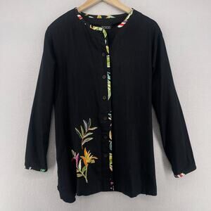 KOOS OF COURSE Top Womens M Art to Wear Linen Tunic Floral Button Up Black VTG